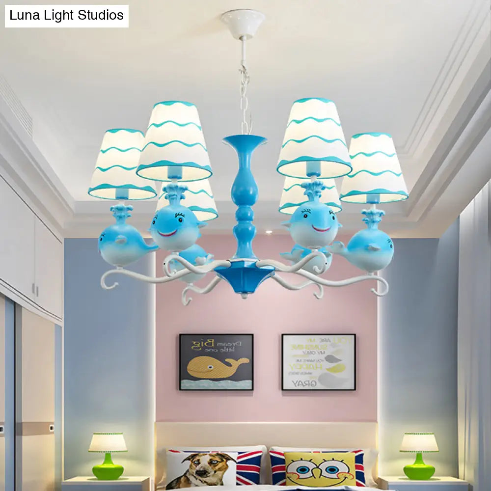 Animal Fabric Hanging Chandelier: Designer Tapered Shade Ceiling Lamp With 6 Lights For Bedroom