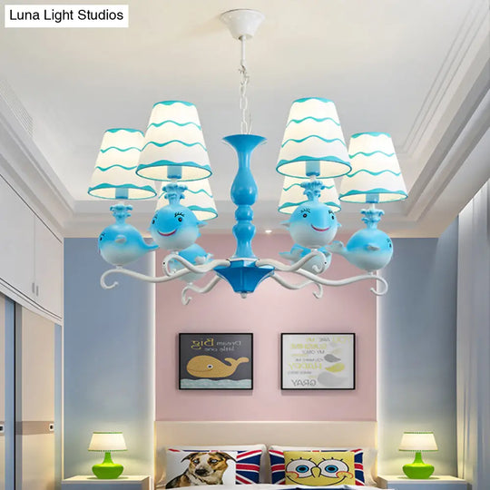 Animal Fabric Hanging Chandelier: Designer Tapered Shade Ceiling Lamp With 6 Lights For Bedroom