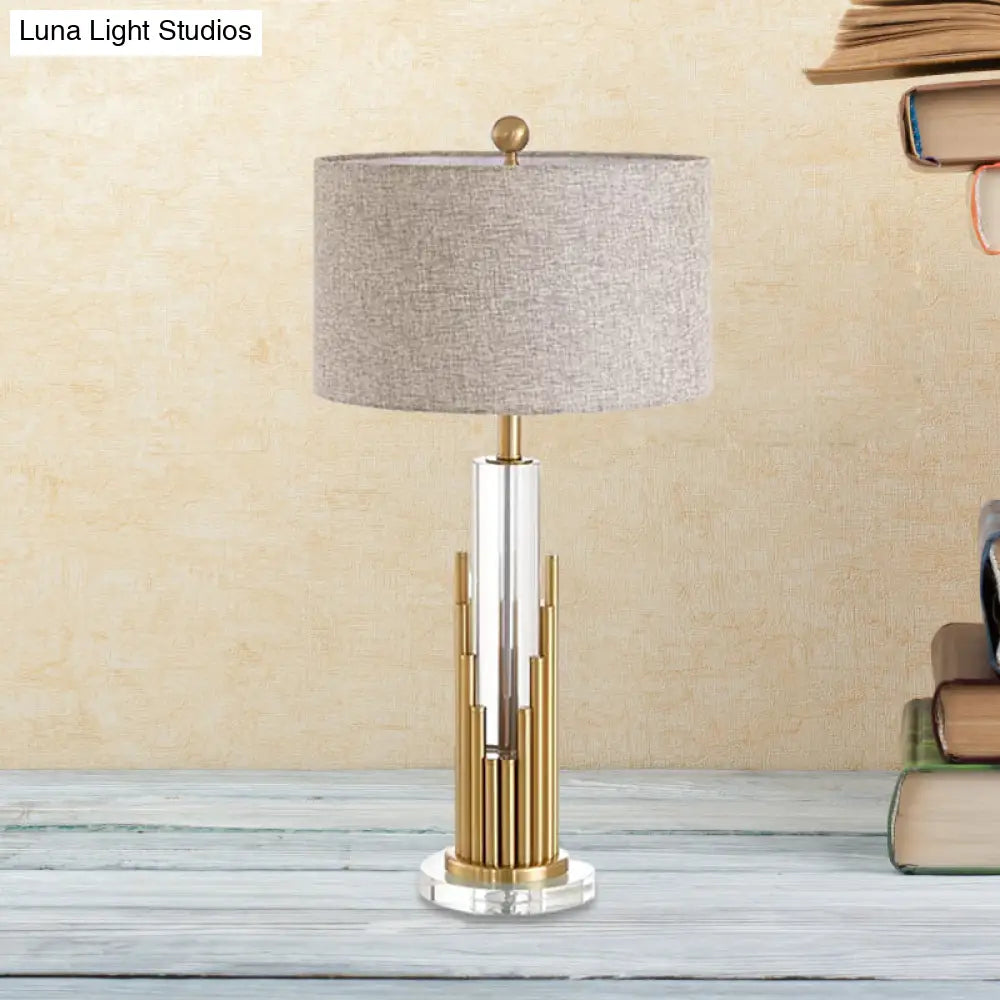 Ankaa - Modernist Round Shade Fabric Night Light 1 Head Flaxen Table Lamp With Gold Fluted Base