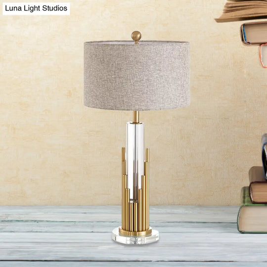 Modern Flaxen Table Lamp With Round Shade And Gold Fluted Base - 1 Head Night Light