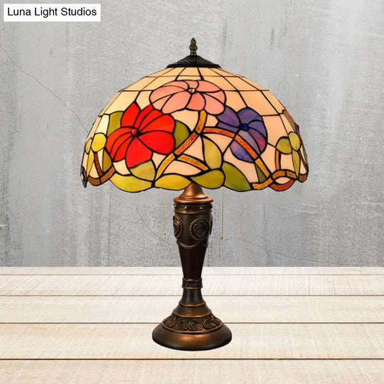 Red/Orange Glass Tiffany Night Lamp - 2 Lights Bronze Pull Chain Carved Base Red