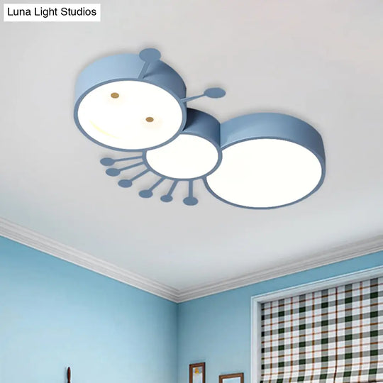 Ant Baby Led Ceiling Lamp In White/Pink/Blue - Cartoon Iron Flush Mount Lighting Blue
