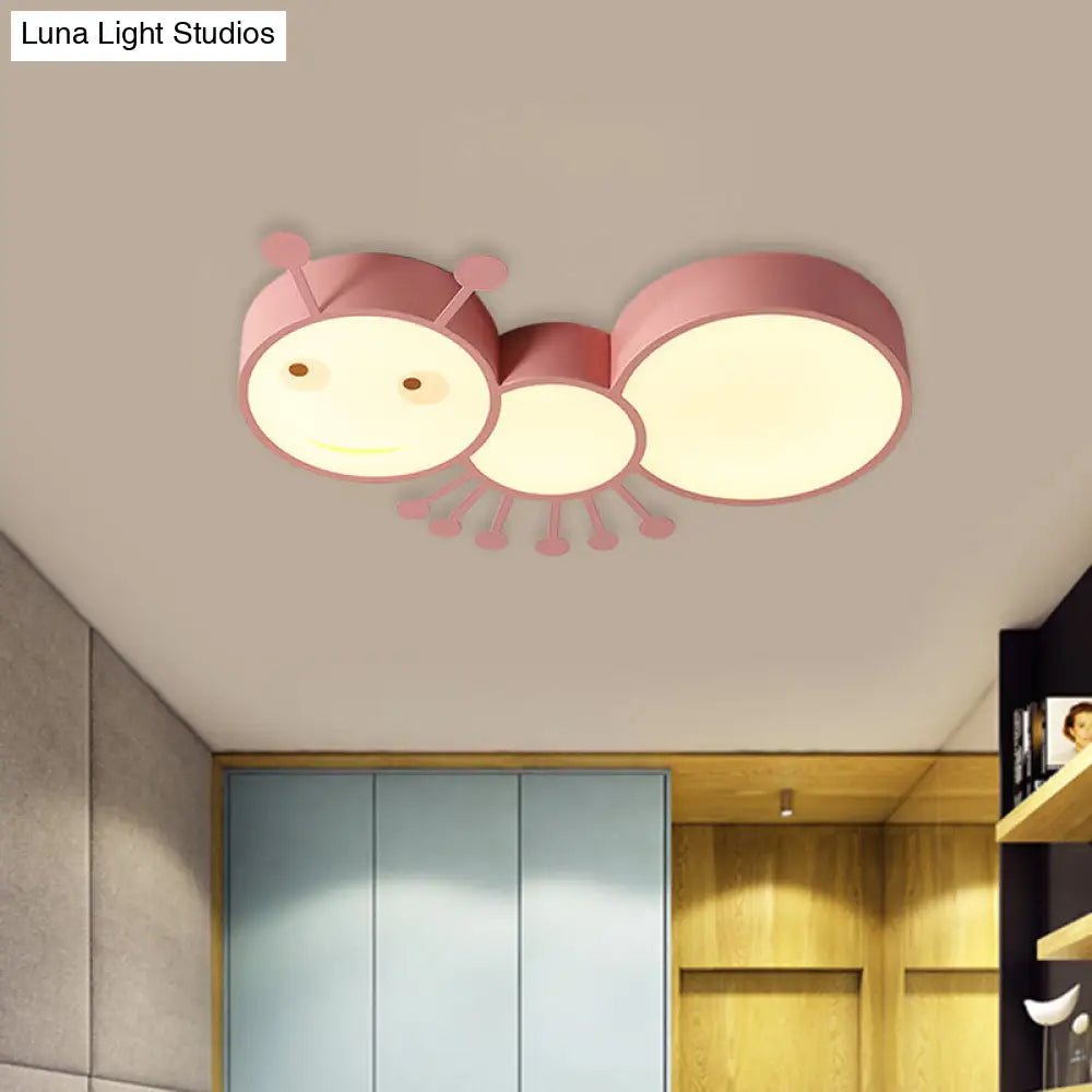 Ant Baby Led Ceiling Lamp In White/Pink/Blue - Cartoon Iron Flush Mount Lighting Pink