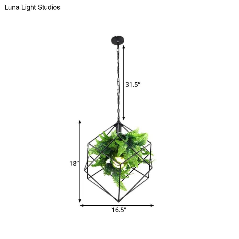 Antique Black Geometric Pendant Lamp With Plant And Led Down Lighting - 16.5’/19.5’ W