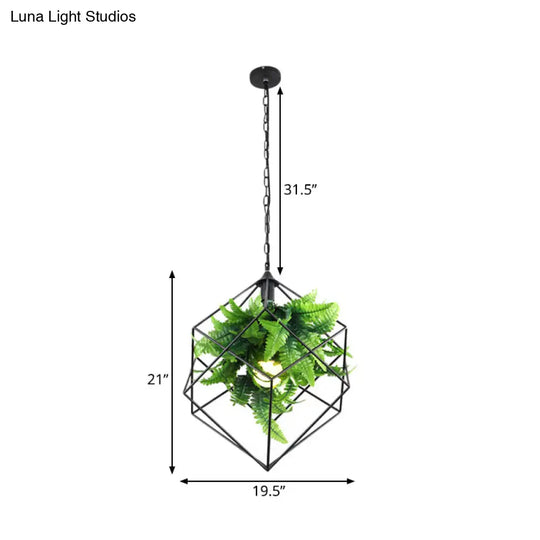 16.5/19.5 Metal Pendant Lamp Antique Black Geometric Led Down Lighting For Restaurants With Plant