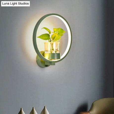 Antique Black/Grey/White Metal Sconce Light For Bedroom Wall Mount - Circular Design With Plant Cup