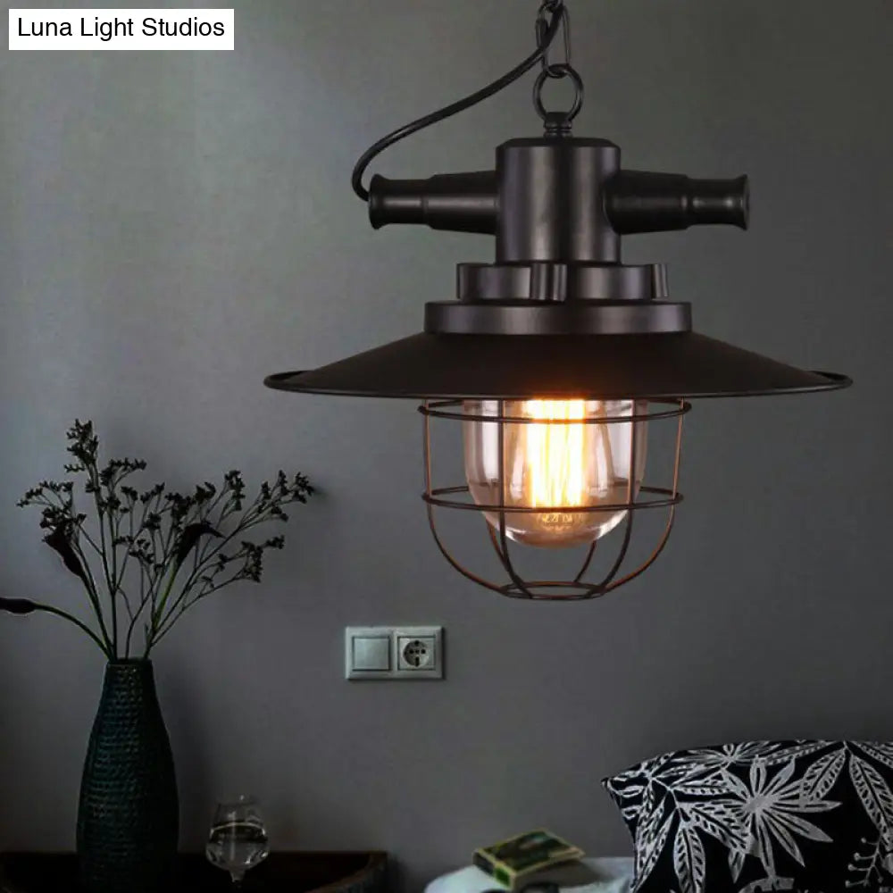 Iron Pendant Light - Antique 1-Light Restaurant Hanging Fixture In Black With Pot Lid Design
