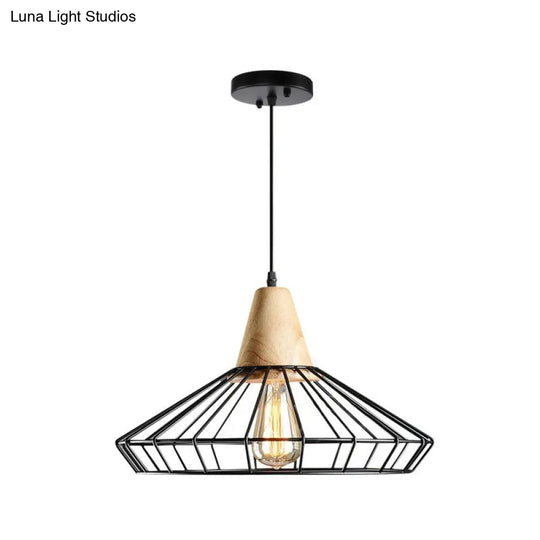 Antique Black Iron Pendant Light With Wooden Top - Rustic Hanging Fixture 1-Light