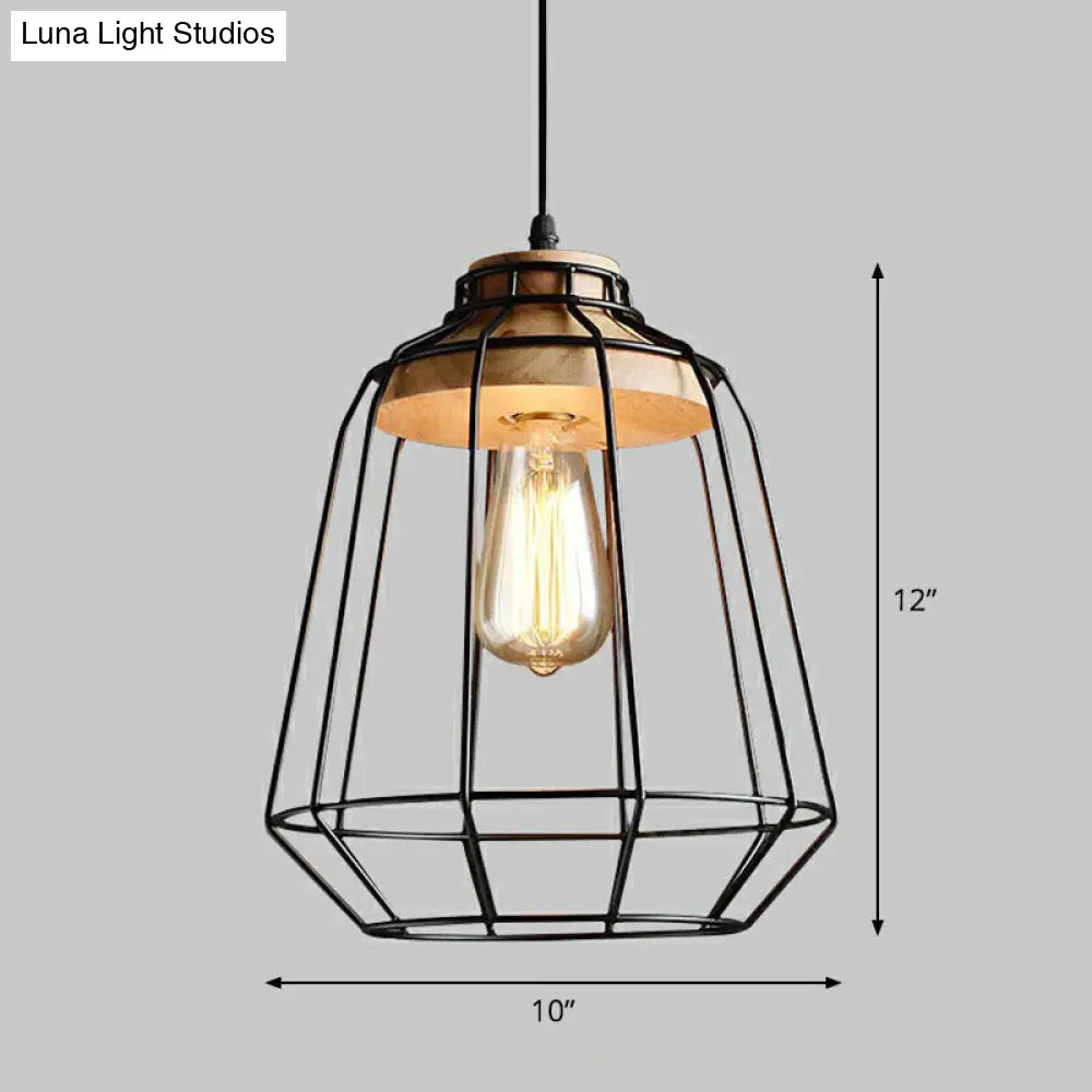 Antique Iron Hanging Pendant Light With Cage Shade & Wooden Top In Black / B
