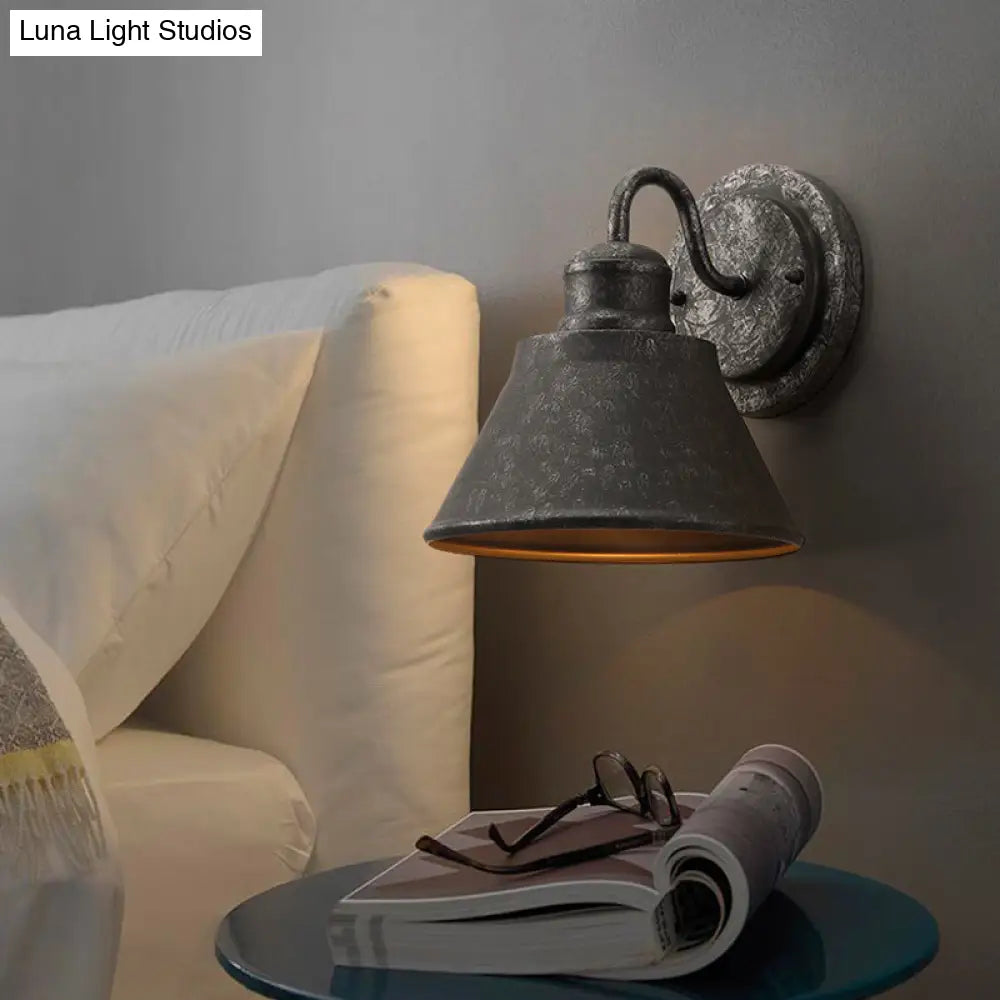 Antique Black Metal Sconce Light With Drum/Trumpet Shade - Retro Rustic Wall Lamp Fixture 1-Light