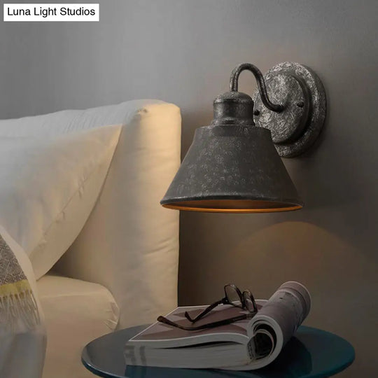 Antique Black Metal Sconce Light With Drum/Trumpet Shade - Retro Rustic Wall Lamp Fixture 1-Light