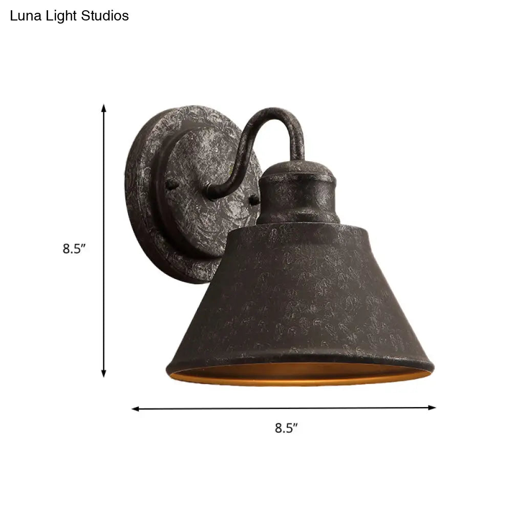 Antique Black Metal Sconce Light With Drum/Trumpet Shade - Retro Rustic Wall Lamp Fixture 1-Light