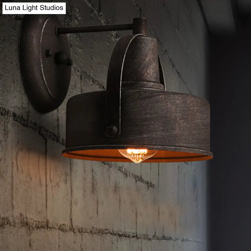 Antique Black Metal Sconce Light With Drum/Trumpet Shade - Retro Rustic Wall Lamp Fixture 1-Light