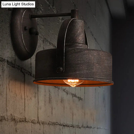Antique Black Metal Sconce Light With Drum/Trumpet Shade - Retro Rustic Wall Lamp Fixture 1-Light