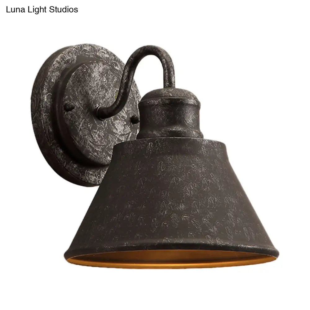 Antique Black Metal Sconce Light With Drum/Trumpet Shade - Retro Rustic Wall Lamp Fixture 1-Light