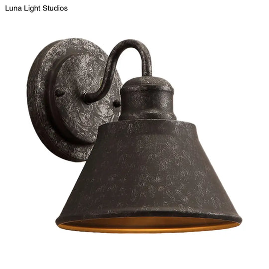 Antique Black Metal Sconce Light With Drum/Trumpet Shade - Retro Rustic Wall Lamp Fixture 1-Light