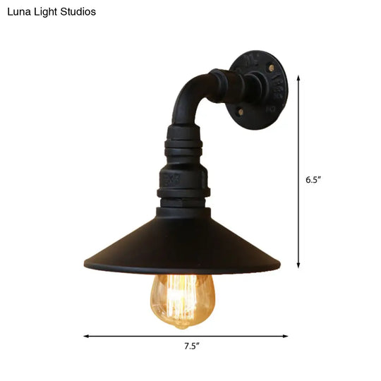 Antique Brass/Black Conic Wall Sconce With Steampunk Design And Curved Pipe