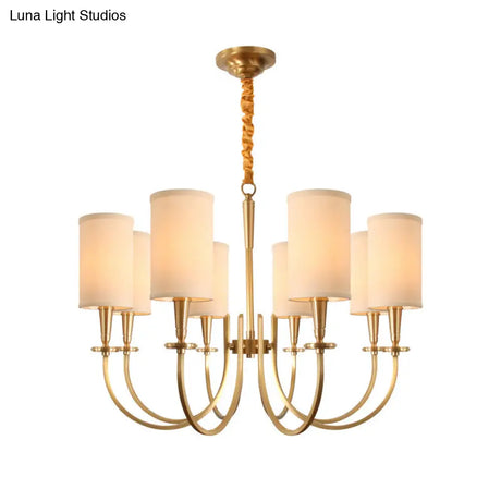 Antique Brass Chandelier Light With Curved Arm And Fabric Shade