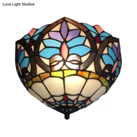 Antique Brass Floral Stained Glass Ceiling Light - Victorian Style Flush Mount Fixture For Living