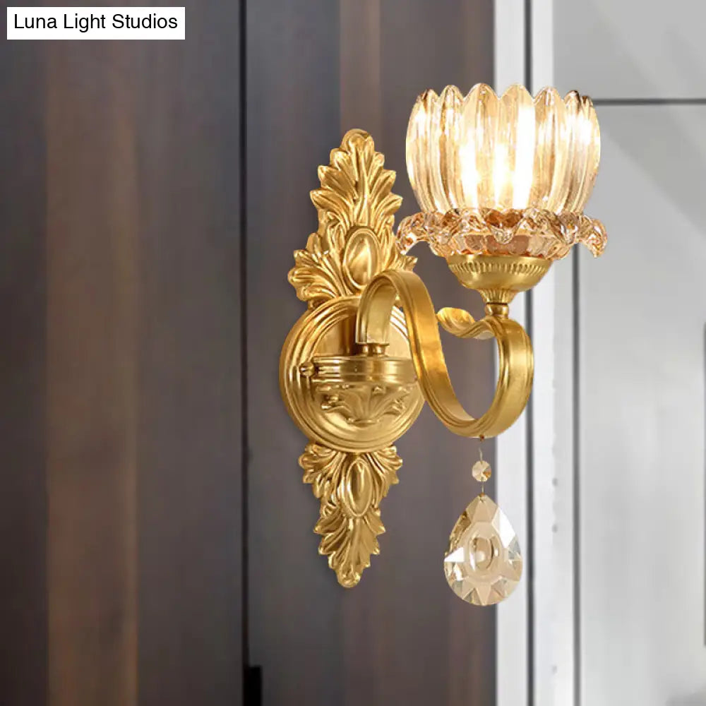 Antique Brass Lotus Wall Sconce: Clear Glass Mounted Lamp For Living Room