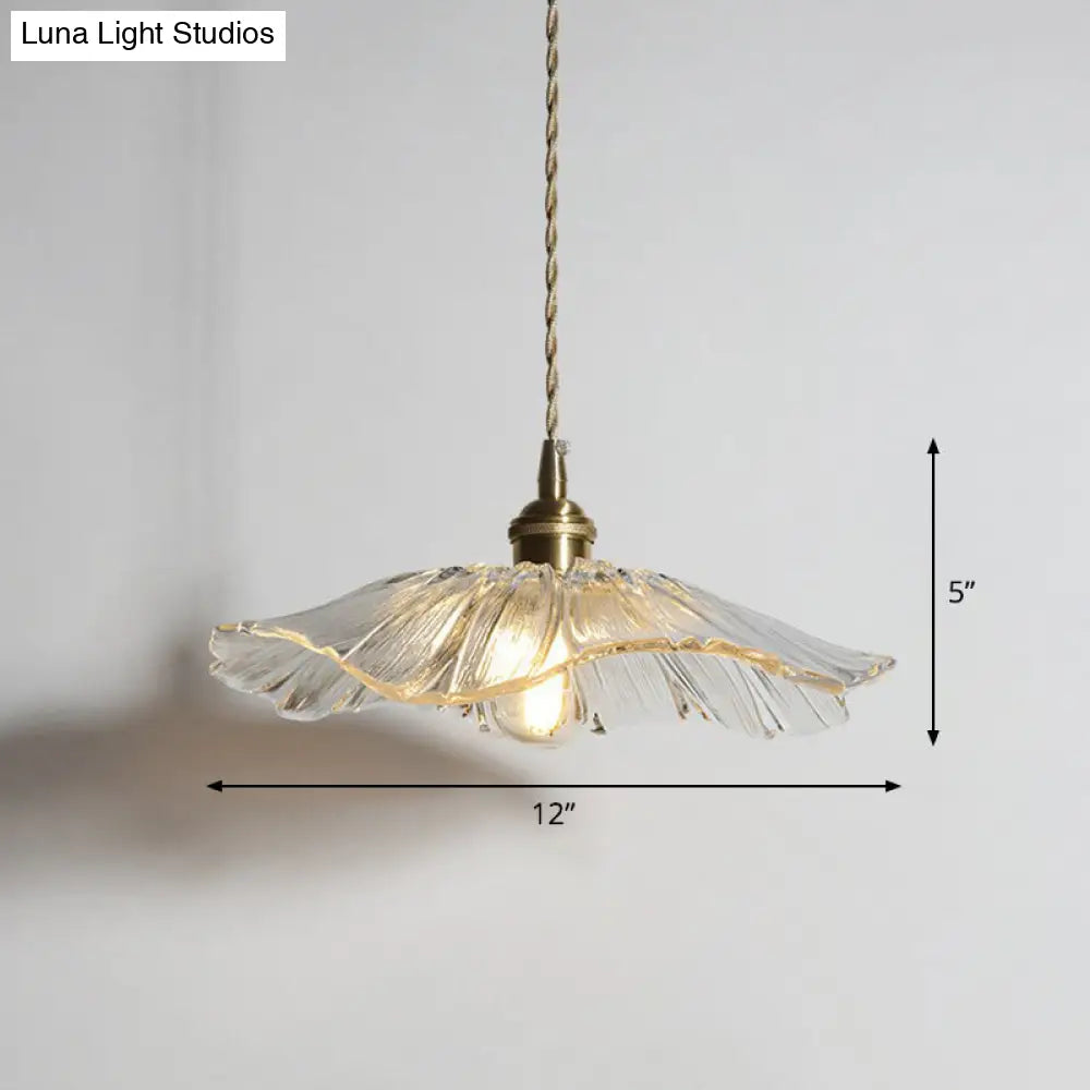 Antique Floral Pendant Light With Ruffle Glass Shade In Brass / A