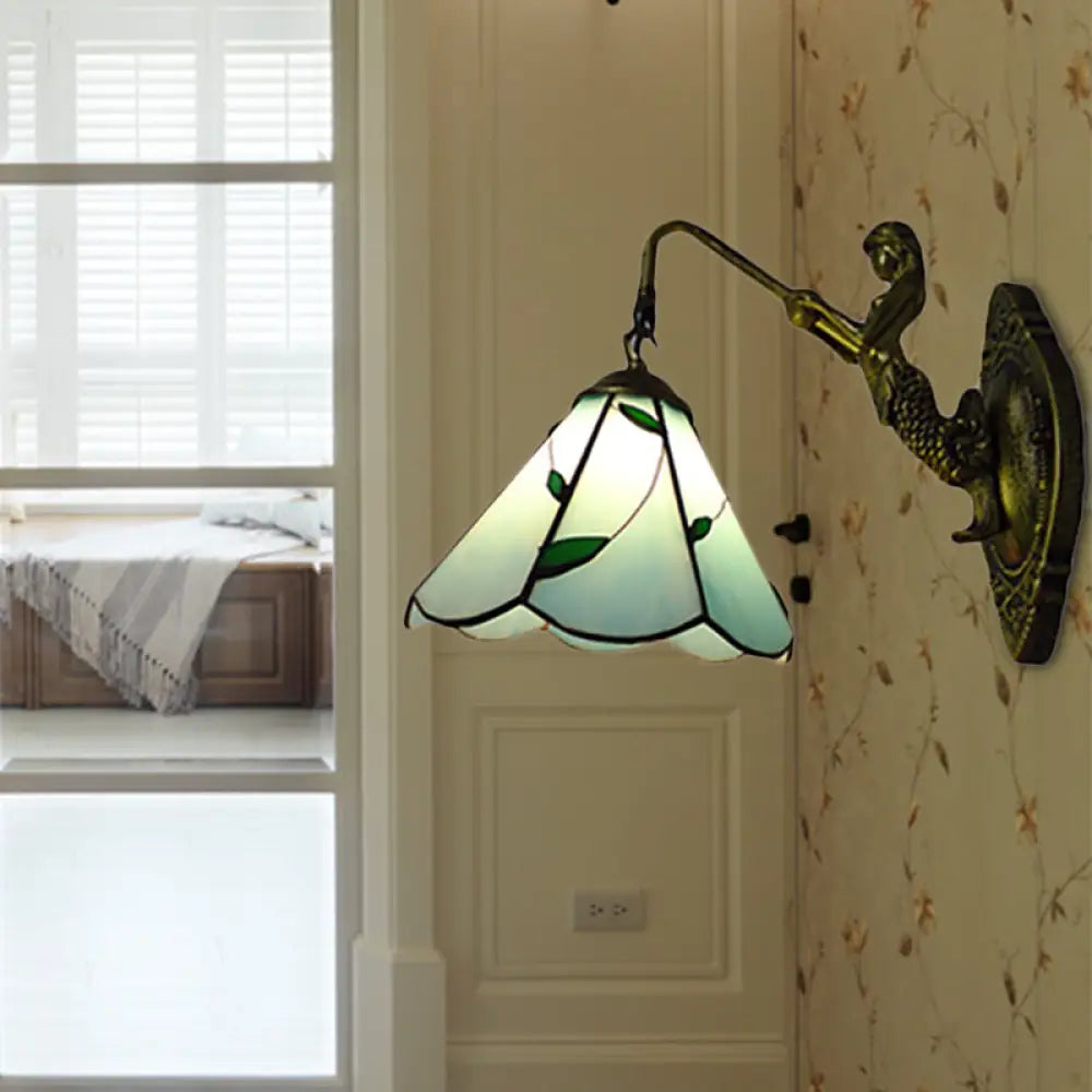 Antique Brass Sconce Light With Green Glass Lily Shade - Elegant Wall Mount For Hallway