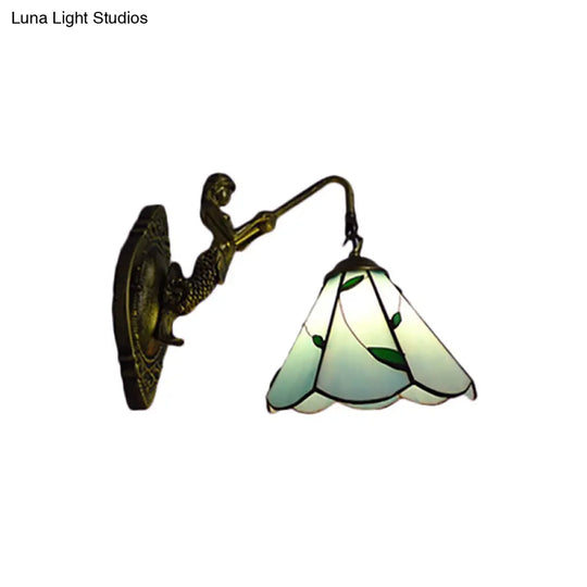 Antique Brass Sconce Light With Green Glass Lily Shade - Elegant Wall Mount For Hallway