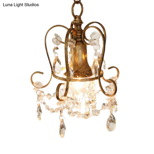 Antique Brass Scrolled Frame Suspension Light With Crystal Droplet - 1 Head Metallic Hanging Lamp