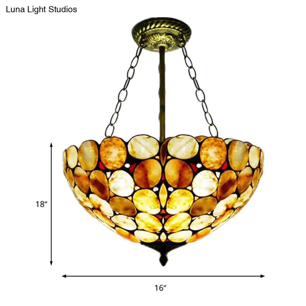 Mediterranean Stone Semi Flush Mount Ceiling Lamp With Antique Brass Finish - 3-Light