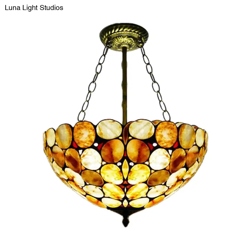 Mediterranean Stone Semi Flush Mount Ceiling Lamp With Antique Brass Finish - 3-Light