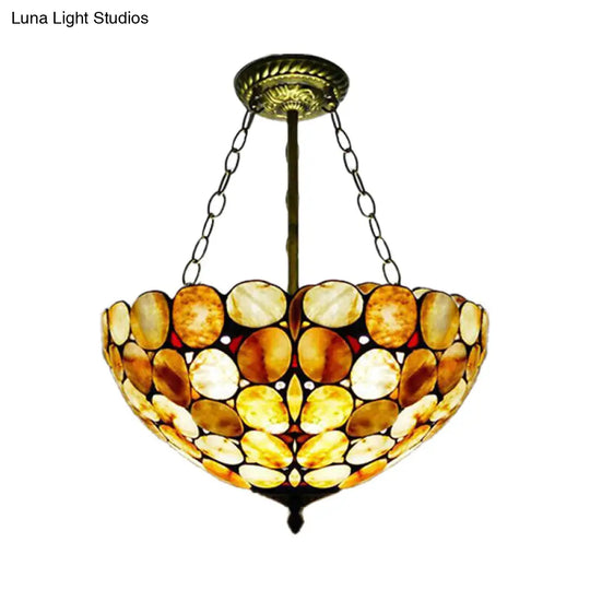 Mediterranean Stone Semi Flush Mount Ceiling Lamp With Antique Brass Finish - 3-Light