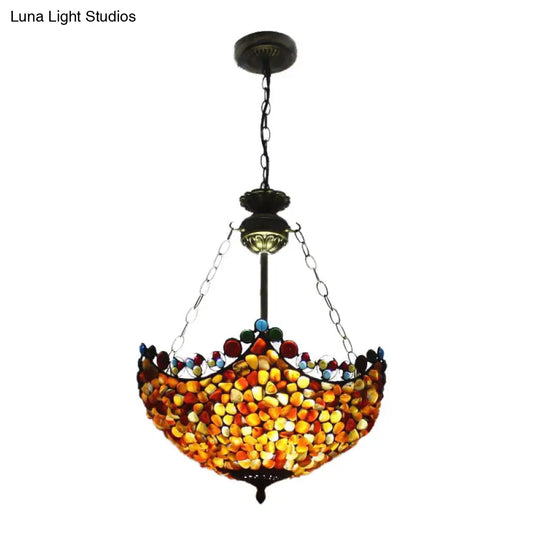 Mediterranean Stone Semi Flush Mount Ceiling Lamp With Antique Brass Finish - 3-Light