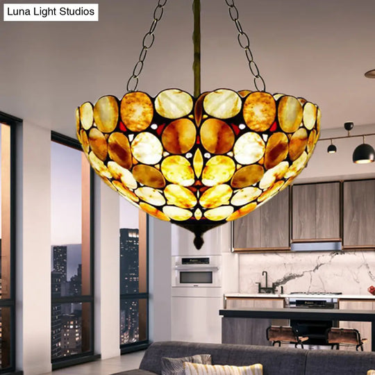 Mediterranean Stone Semi Flush Mount Ceiling Lamp With Antique Brass Finish - 3-Light / A
