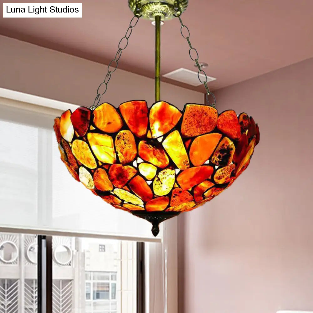 Mediterranean Stone Semi Flush Mount Ceiling Lamp With Antique Brass Finish - 3-Light
