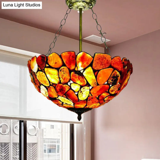 Mediterranean Stone Semi Flush Mount Ceiling Lamp With Antique Brass Finish - 3-Light