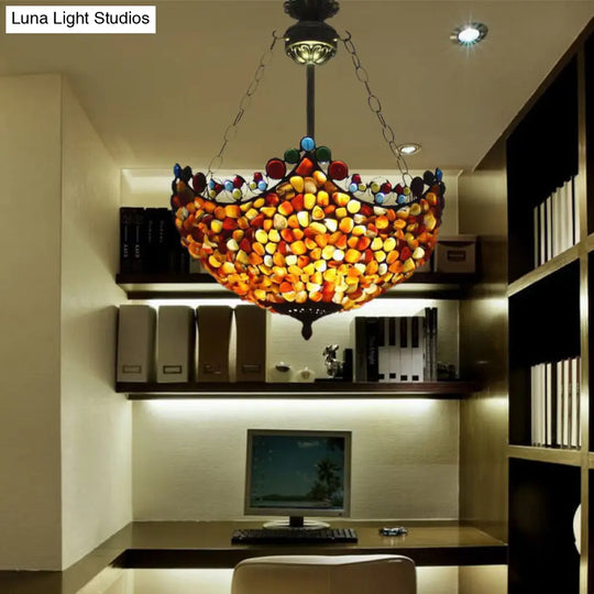 Mediterranean Stone Semi Flush Mount Ceiling Lamp With Antique Brass Finish - 3-Light / C