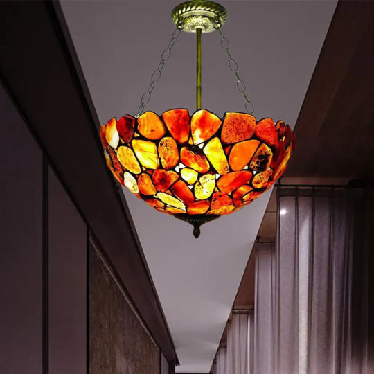 Antique Brass Semi Flush Mount Stone Ceiling Lamp With Bowl Shade - 3 Lights Mediterranean Style / B