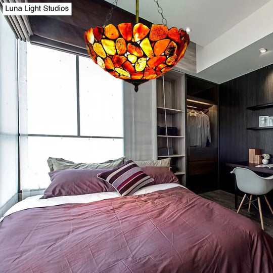 Antique Brass Semi Flush Mount Stone Ceiling Lamp With Bowl Shade - 3 Lights Mediterranean Style