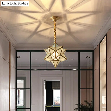 Antique Brass Star Shade Glass Pendant Lamp - Vintage Hanging Light For Hallway With Adjustable