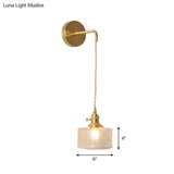 Antique Brass Wall Hanging Lamp With Clear Prismatic/Wavy Glass Bedside Lighting Rotary Switch