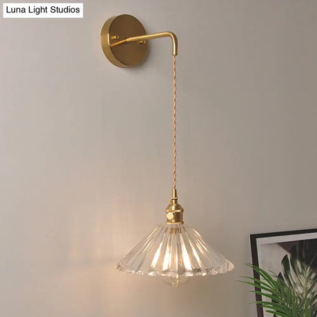 Antique Brass Wall Hanging Lamp With Clear Prismatic/Wavy Glass Bedside Lighting Rotary Switch