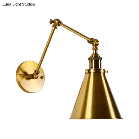 Antique Brass Wall Light With Flexible Swivel Arm And Conic Mount - 1 Bulb Fixture