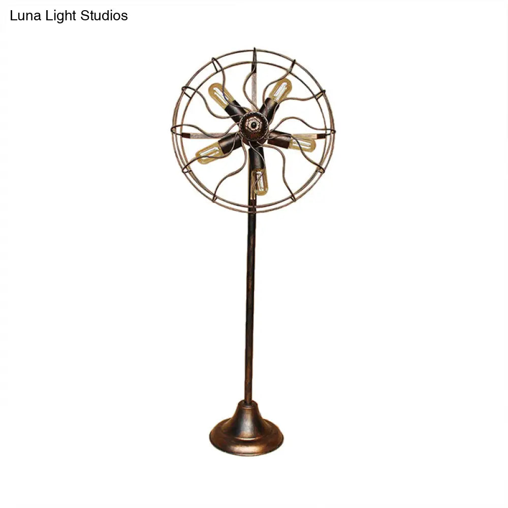 Antique Bronze 5-Light Fan Design Floor Lamp With Cage Shade - Rustic Loft Wrought Iron Indoor