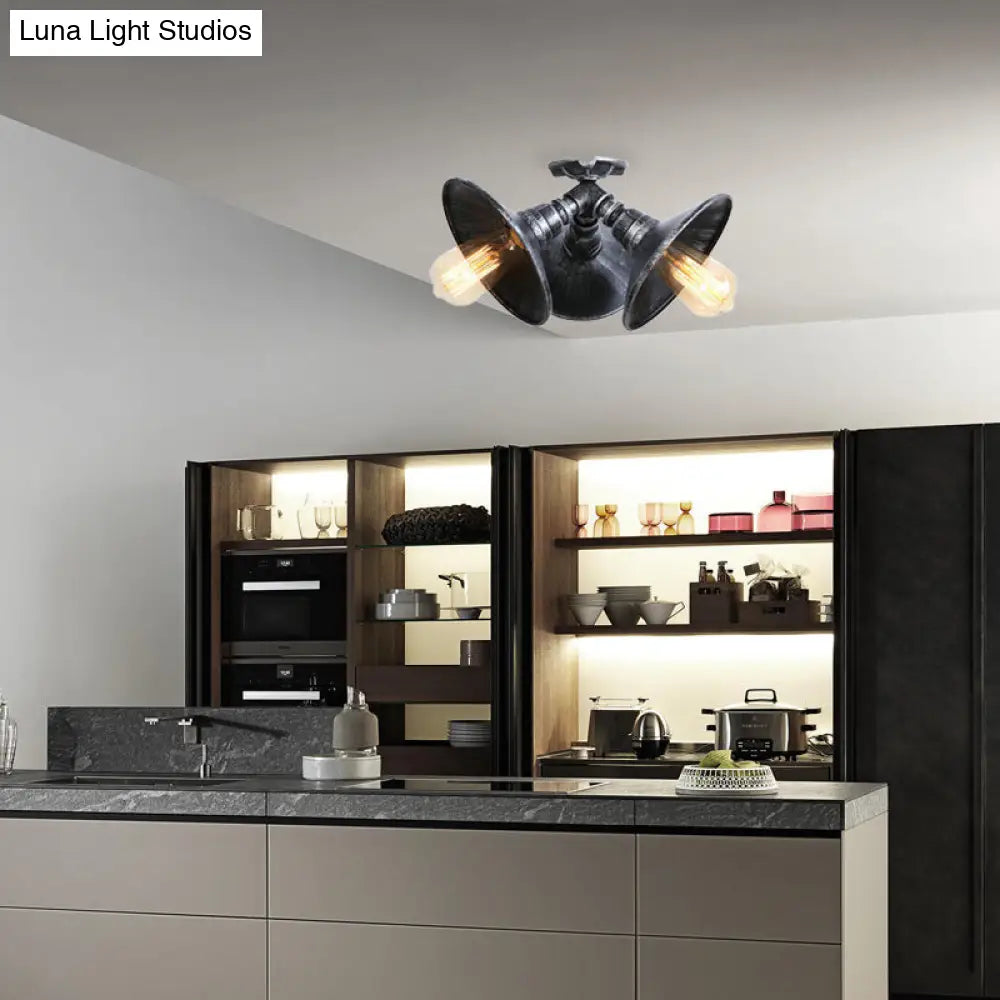 Antique Bronze/Aged Silver Ceiling Light With Stylish Wrought Iron Finish - 3 Heads Semi Flush Mount