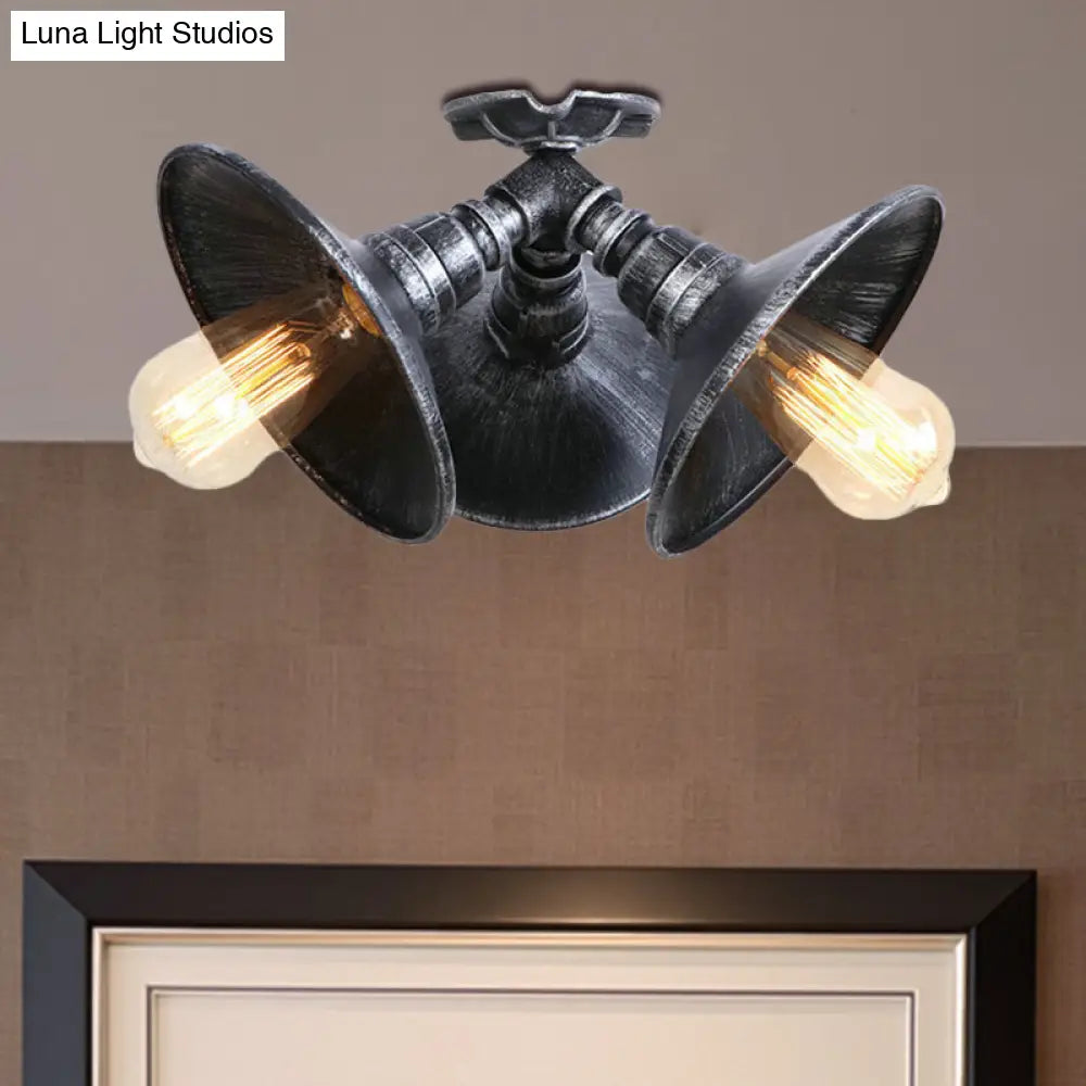 Antique Bronze/Aged Silver Ceiling Light With Stylish Wrought Iron Finish - 3 Heads Semi Flush