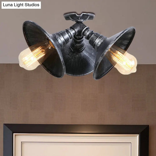 Antique Bronze/Aged Silver Ceiling Light With Stylish Wrought Iron Finish - 3 Heads Semi Flush