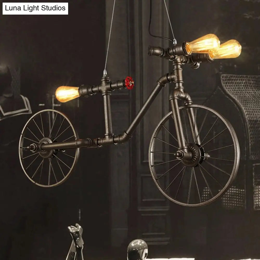 Antique Bronze Bicycle Pendant Lighting - 3-Light Indoor Ceiling Fixture With Pipe Design