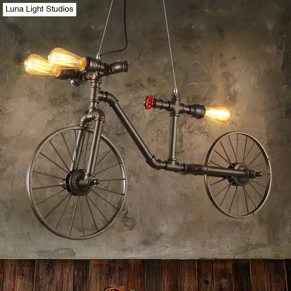 Antique Bronze Bicycle Pendant Light With Pipe Design - 3 Indoor Lights