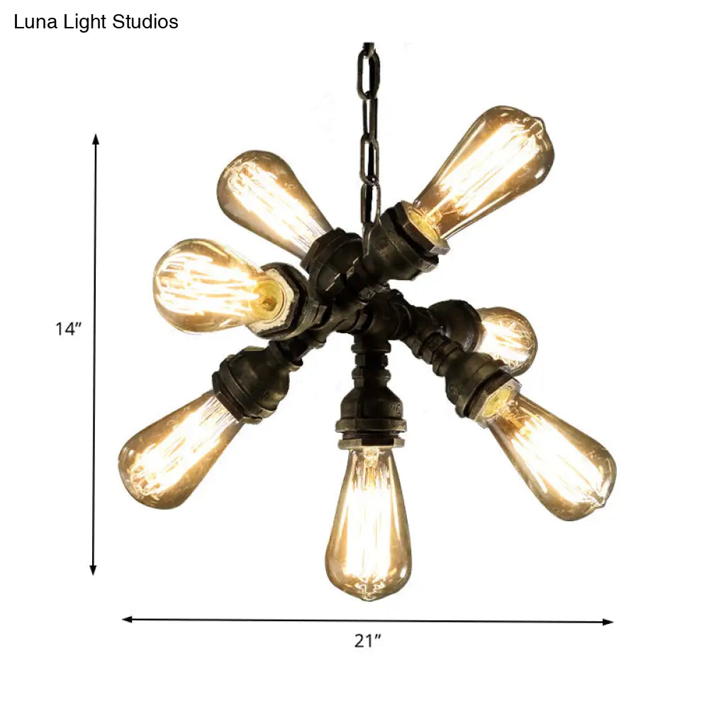 Antique Bronze Chandelier With 7 Bulbs – Vintage Metal Pipe Pendant Light Fixture