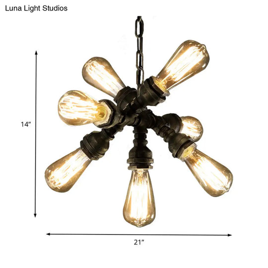 Antique Bronze Chandelier With 7 Bulbs – Vintage Metal Pipe Pendant Light Fixture